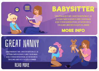 Babysitter service advertising web banners set, flat vector illustration.