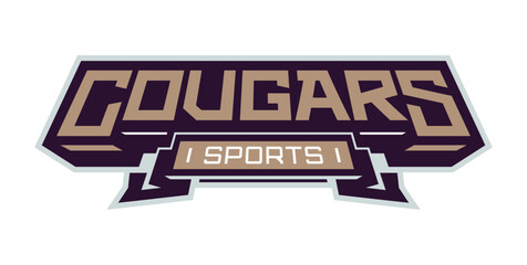 Bold sports font for cougar mascot logo. Text style lettering for esport, cougar mascot logo, sport team, college club. Font on ribbon. Vector illustration isolated on background.