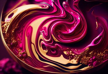 Beautiful Magenta and Pink Liquid Swirls with Gold Glitter. Luxurious Acrylic Pour Banner. Generative AI