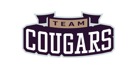 Bold sports font for cougar mascot logo. Text style lettering for esport, cougar mascot logo, sport team, college club. Font on ribbon. Vector illustration isolated on background.
