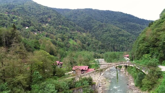 Historical old stone bridge aerial view in Rize Turkey. 