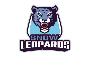 Sports logo with snow leopard mascot. Colorful sport emblem with snow leopard mascot and bold font on shield background. Logo for esport team, athletic club, college team. Vector illustration
