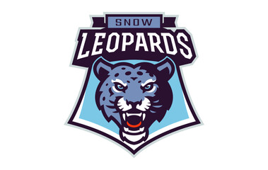 Sports logo with snow leopard mascot. Colorful sport emblem with snow leopard mascot and bold font on shield background. Logo for esport team, athletic club, college team. Vector illustration