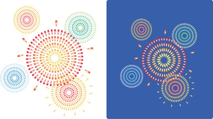 Fototapeta premium 背景白の打ち上げ花火と背景夜空の打ち上げ花火のベクターイラスト