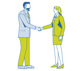 握手をするスーツ姿のシンプルな2色のイラスト　スーツ姿の男性とスーツ姿の女性　ビジネスイメージ商談