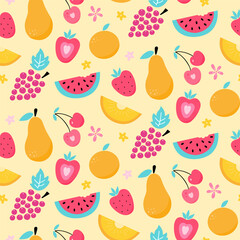 Bright summer pattern with hand drawn fruits