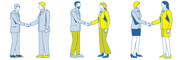 握手をするスーツ姿のシンプルな2色のイラストセット　スーツ姿の男性と女性　ビジネスイメージ商談
