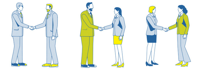 握手をするスーツ姿のシンプルな2色のイラストセット　スーツ姿の男性と女性　ビジネスイメージ商談