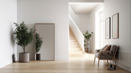 Fototapeta premium A modern working office style decoration design, with a large wall art frame blank mockup with white background, simple and elegant, luxury style decoration for office workplace, AI generated