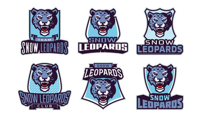 Set of sports logos with snow leopard mascots. Colorful collection sports emblem mascot and bold font on shield background. Logo for esport team, athletic club. Isolated vector illustration