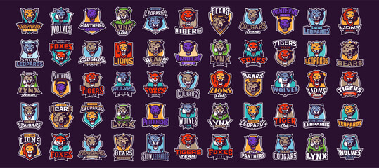 Set of sports logos with animal mascots. Collection of sports mascot logos with lion, tiger, cougar, panther, leopard, wolf, fox, bear heads. Vector illustration of emblem templates for teams