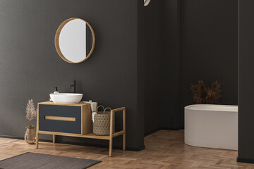 Stylish Italian bathroom with black walls, parquet flooring, white sink, black faucet, and bathtub. Includes towels, dry plants, and rug. Ideal for mock up photos. 3d Rendering