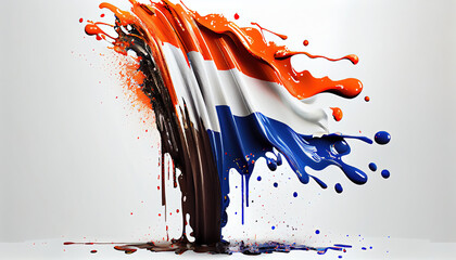 Netherlands Country Flag Colors of Liquid Oil Paint Splashing and Exploding on White Backdrop AI Generative