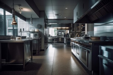 A modern restaurant kitchen, empty, ai generative illustration