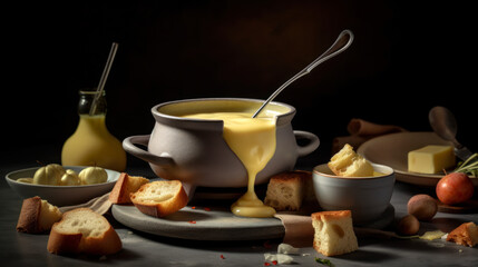 Creamy indulgence: Swiss Cheese Fondue dish on a wooden table, food photography. Generative AI