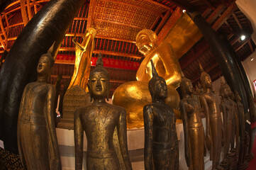 Fototapeta premium Groups of ancient Buddha images of various sizes gathered from various abandoned temples in Luang Prabang beside Luang Phor Tor in Wat Visounarath. Located at Luang Prabang Province in Northern Laos.