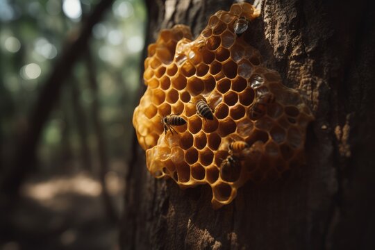 A honeycomb attached to a tree in the woods ai generative illustration