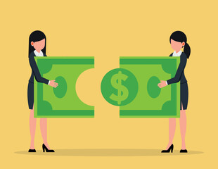 Jigsaw banknotes and Connection, Partnership or teamwork. Two business women connecting Jigsaw banknotes