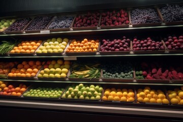 A racks of fruits and vegetables in a supermarket ai generative illustration