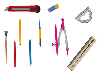 Stationery. Pencils, pen, ruler, protractor, compasses, knife, eraser, brush. Vector illustration.