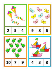 Cards, or worksheet, to learn and practice counting 1 to 10. Count objects. Circle the correct answer. Language independent.
