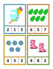 Cards, or worksheet, to learn and practice counting 1 to 10. Count objects. Circle the correct answer. Language independent.
