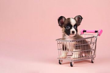 A little cute puppy dog ​​in a shopping cart, don't buy a dog, adopt a stray dog ​​from the street. Animal creative concept on pastel background. Illustration, Generative AI.