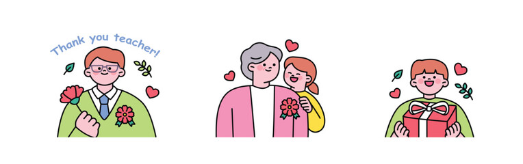 family month. People who appreciate their parents and love their children. Dad holding a carnation. Grandmother and granddaughter wearing carnation badges. A boy with a gift box.