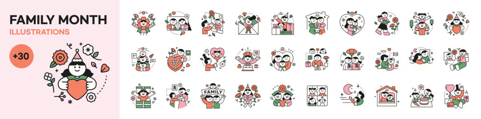 family month. People who appreciate their parents and love their children. Happy family logo icons mega set vector illustration.