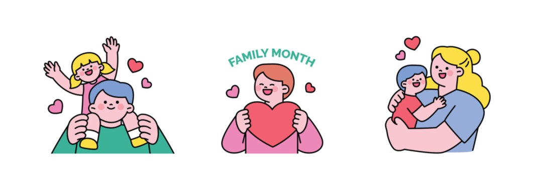 family month. People who appreciate their parents and love their children. Dad carrying his daughter on his shoulders. Person holding a heart. Mom embracing her son.