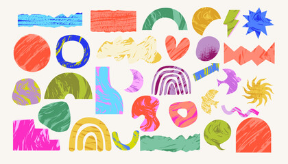 Set of colored Hand drawn Shapes and doodle objects, curves, dots. Abstract contemporary modern trendy collage. Editable Vector illustrations. 