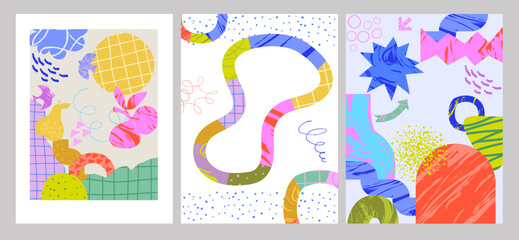 Poster template with various shapes and doodle objects. Abstract contemporary modern trendy cards.  Perfect for textile prints. Editable vector illustration