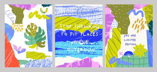 Fototapeta premium Poster template with various shapes and doodle objects. Abstract contemporary modern trendy cards. Perfect for textile prints. Editable vector illustration