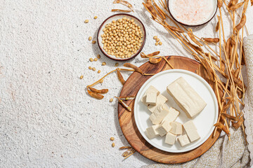 Fresh Tofu cheese with soybeans. Cube pieces, healthy ingredient for vegan lifestyle, modern stand