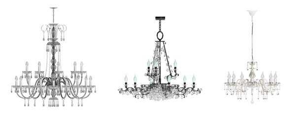 crystal chandelier for the interior isolated on white background, home lighting, 3D illustration, cg render