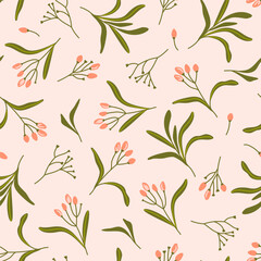 Spring seamless pattern with lower buds, branches, leaves. Simple flat floral background for wallpaper, wrapping paper, surface design