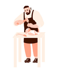 Male sculptor carving a piece of stone using chisel and hammer.  A man working on a sculpture. Vector flat illustration with stonecutter isolated on a white background