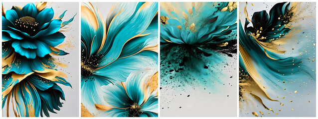 Art posters with flowers and abstract painting, black, cyan, turquoise, gold for interior design, decor, packaging, invitation, print. AI generated.