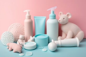 Different accessories for children and baby skin care with cute toys, product background. Generative AI