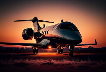 Fototapeta na wymiar Luxuriöser Privat Jet Flieger in der Abendsonne nach der Landung, ai generativ. Generative AI