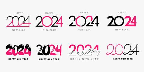 Big set 2024 Happy New Year with pink text design. 2024 number design template. Collection of symbols of 2024 Happy New Year. Vector illustration with creative labels isolated on white background.