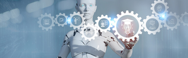 E learning technology concept. Online education, webinar, online courses..AI and machine learning enhance personalised learning. Digital training to employee, compliance, customer, partner.