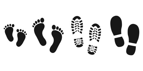 Vector of human shoes, bare feet, baby footprints icon set isolated on white background