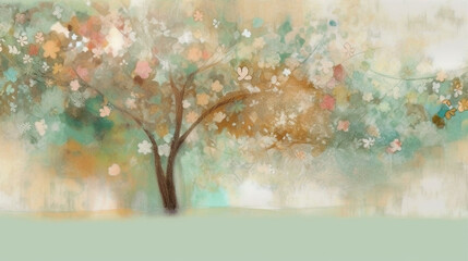 Illustration of a flowering tree painted in watercolor. abstract soft colors detailed layered