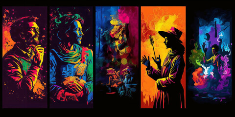 Abstract art posters for an art exhibition: music, literature or painting. illustrations of figures, portraits of people, hands, spots and textures, without inscriptions