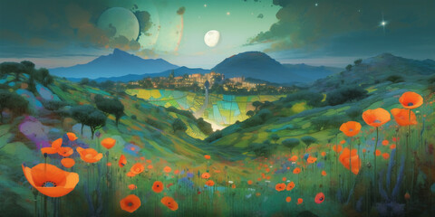 Obraz na płótnie Canvas abstraction, poppy fields, radiance of bright colors, beautiful components of the landscape, moon, distant hills