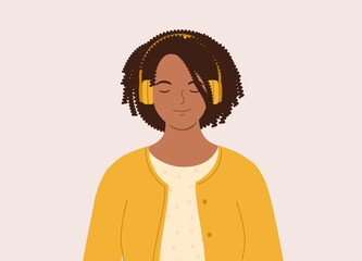 One Smiling Black Young Woman With Wireless Headphones Enjoy Listening To Her Music. Half Length. Flat Design Style, Character, Cartoon.