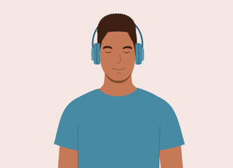 One Smiling Black Young Man With Wireless Headphones Enjoy Listening To His Music. Half Length. Flat Design Style, Character, Cartoon.
