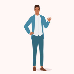 One Angry Black Businessman With Stop Hand Gesture. Full Length. Flat Design Style, Character, Cartoon.