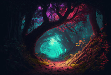 Fototapeta na wymiar The dark trees are illuminated by multicolored psychedelic neon light. A fairytale forest, a surreal, mystical landscape. A mysterious path through the thicket. 3D rendering. AI generated.